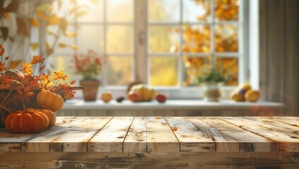 Autumn Foliage and Pumpkins by the Window, Copy Space