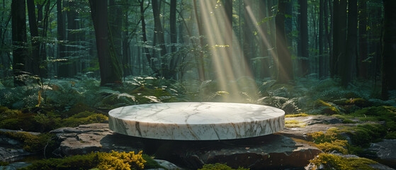 White marble display podium, standing in a lush green forest.