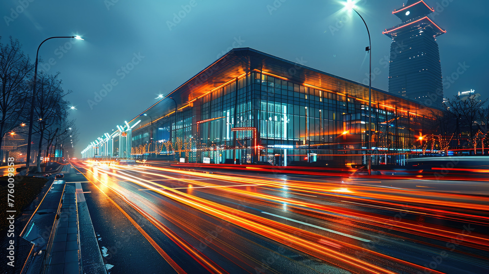 Poster the light trails on the street with modern building background. generative ai.