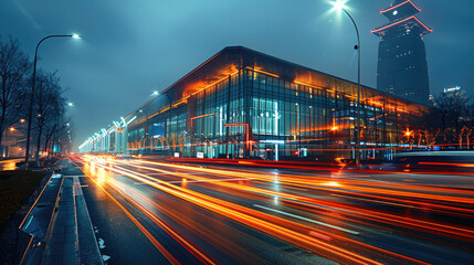 The light trails on the street with modern building background. Generative AI.