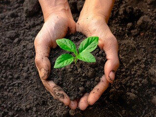 Close-up of Hands Cradling Tiny Green Seedling, Nurturing New Life from Rich Soil - Nature Growth Concept Stock Photo