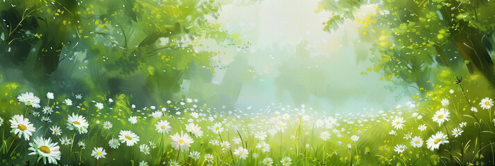 Fototapeta na wymiar Spectacular spring landscape. A blooming meadow, a panoramic landscape. A pictorial illustration.