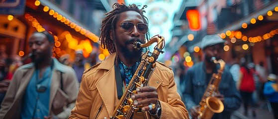 Musicians play upbeat jazz music on the streets during Mardi Gras featuring saxophones trumpets and...