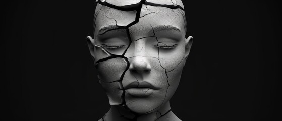 A conceptual 3D render of a featureless human head with a deep fissure, symbolizing the internal divide and hidden pain characteristic of depression - obrazy, fototapety, plakaty