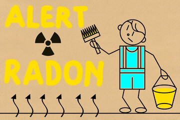 Cartoon Man with a brush drawing the text ALERT RADON on the wall - concept illustration