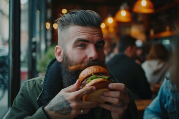 Jovial Bearded man eating yummy burger in cafe. Sit at pub bar handsome guy. Generate Ai