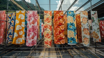 A large number of colorful Asian floral fabric hanging on metal scaffolding stands in the roof top dye cloth modern workshop. Generative AI. - obrazy, fototapety, plakaty