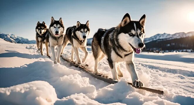Huskies dogs pulling a sled in the snow.