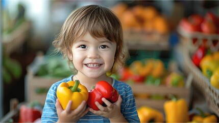 Fototapeta premium A child is holding a yellow bell pepper and a red bell pepper, smiling brightly. Generative AI.