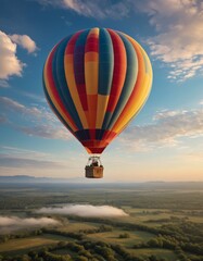 The grandeur of hot air balloons soaring above a misty landscape, as dawn breaks and the world awakens below.