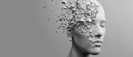 A simplistic human head in 3D, with a piece missing, illustrating the sense of loss and incompleteness experienced in depression and similar mental illnesses