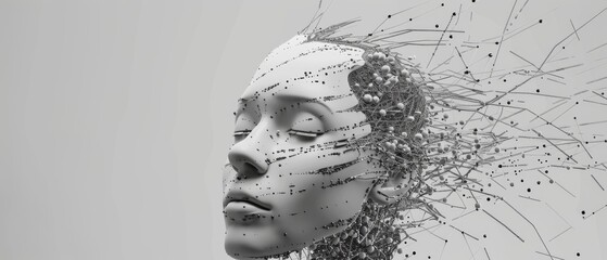 A sleek 3D human head with disconnected and reconnecting lines, depicting the disrupted thought processes and emotional disconnections in depression