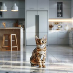 Adorable domestic shorthair cat begging for sausage in modern kitchen, photorealistic 3.4 portrait