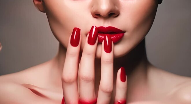 Woman with red painted nails. Manicure.