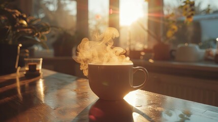 An intimate coffee moment showing caffeine sensitivity in GERD, with steam rising in a quiet, reflective morning light - obrazy, fototapety, plakaty