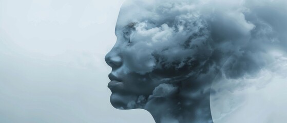 A translucent 3D human head with a storm cloud inside, symbolizing the internal turmoil and overcast thoughts common in depression - obrazy, fototapety, plakaty