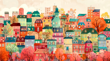 Naklejka premium Whimsical illustration of a vibrant, colorful city with diverse buildings and autumn trees