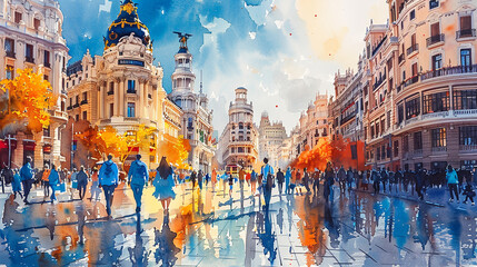 Watercolor illustration of Madrid, Spain