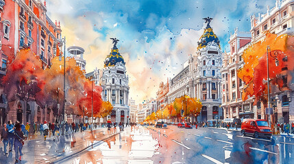 Watercolor illustration of Madrid, Spain - obrazy, fototapety, plakaty