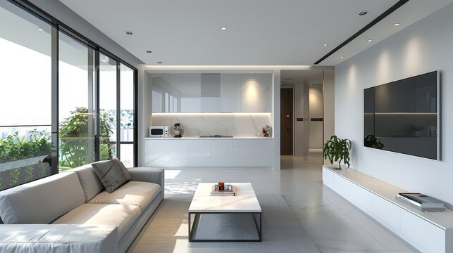 Generate an image portraying a minimalist apartment adorned