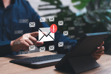 Notifications, emails, and new messages in the mailbox, New email warning sign concept, Businessman...