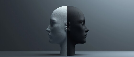 An abstract 3D human head, one half shrouded in darkness, the other in light, representing the contrasting states of mind in depression and mood disorders - obrazy, fototapety, plakaty