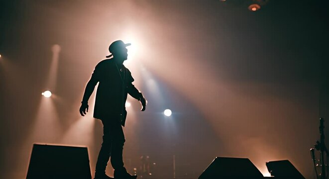 Rapper singing on stage at a concert.