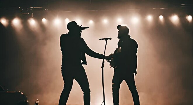 Rappers singing on stage at a concert.