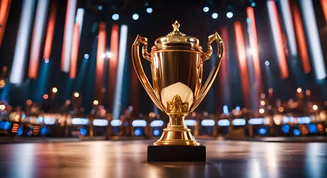 Esports trophy in a stadium.