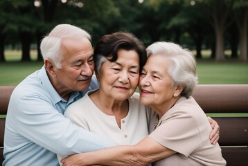 A close-up portrait of three elderly people on a park bench, a man with gray hair embracing two women. Old people are relaxing in the park.