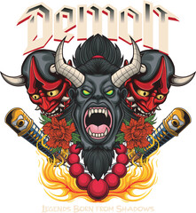 Vector Illustration of Three Demon Head, Katana Swords and Flowers with Vintage Illustration Available for Tshirt Design