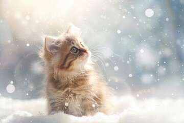 A fluffy kitten gazes upward, surrounded by a whimsical winter snowfall