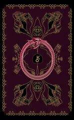 Tarot cards back design, back side. Ouroboros, serpent or dragon eating its own tail. Chiron
