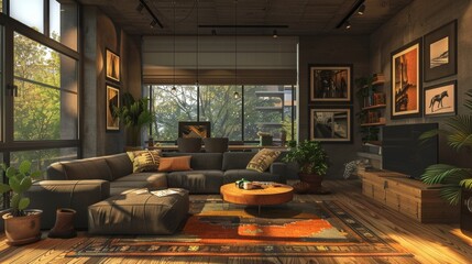 Generate an image portraying an apartment with subtle American influences - obrazy, fototapety, plakaty