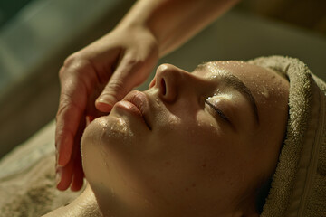 Naklejka premium Beautiful woman having a head massage at a spa salon, close up view, high detail, ultra realistic photo