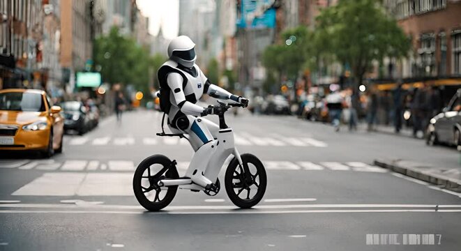 Robot riding a bike in the city.