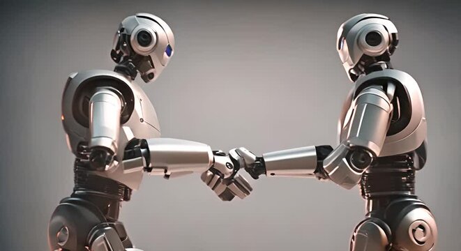 Two robots shaking hands.