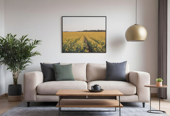 Frame mockup, ISO A paper size. Living room poster mockup. Interior mockup with house white background. Modern interior design. 3D render