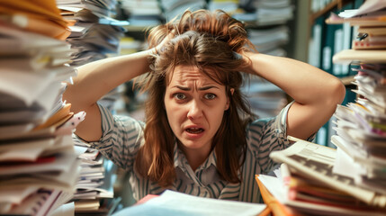 A woman overloaded with work in her office with a lot of papers all around her