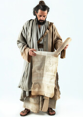 A Jewish man in traditional dress reading the holy scriptures in an ancient manuscript