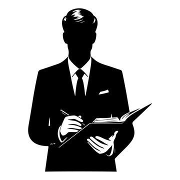businessman in black suit holding the task list and taking notes vector black color silhouette 17