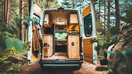 A white van from a traveler with a wooden interior and a bed