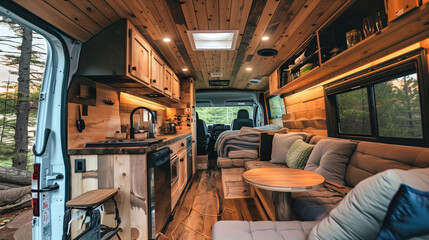 A white van from a traveler with a wooden interior and a bed