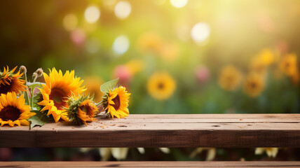 A clear glass bottle of golden sunflower oil and scattered seeds, with vibrant sunflowers in the background, captures the essence of summer on a wooden tabletop. - obrazy, fototapety, plakaty