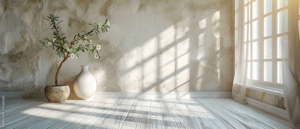 Leinwandbilder Abstract room space with windows casting shadows on the wall. 3D rendering of minimal architecture.
