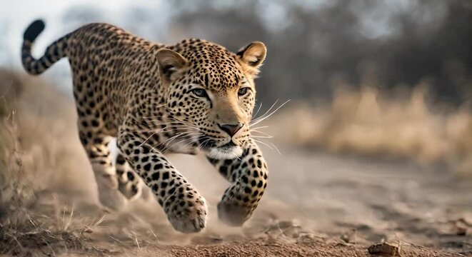 Leopard running in the savanna.