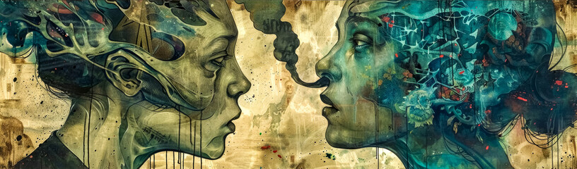 Surreal artistic portrait of two faces in profile
