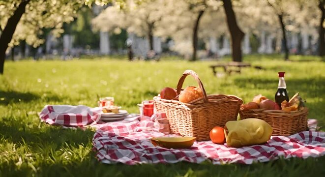 Food and items for a picnic in the park in spring.