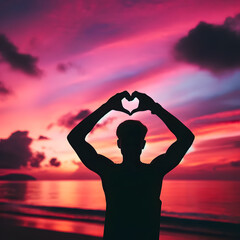 A silhouette of a person making a heart shape with their hands against a sunset sky