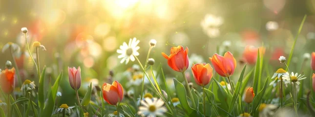 Fotobehang spring meadow with colorful wild flowers, including red heart-shaped tulips and white daisies © Sabina Gahramanova